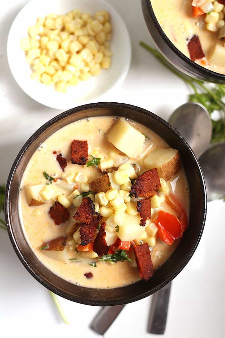 Bowl of vegan corn chowder