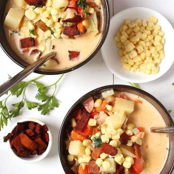 Two bowls of vegan corn chowder