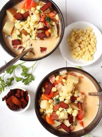 Two bowls of vegan corn chowder