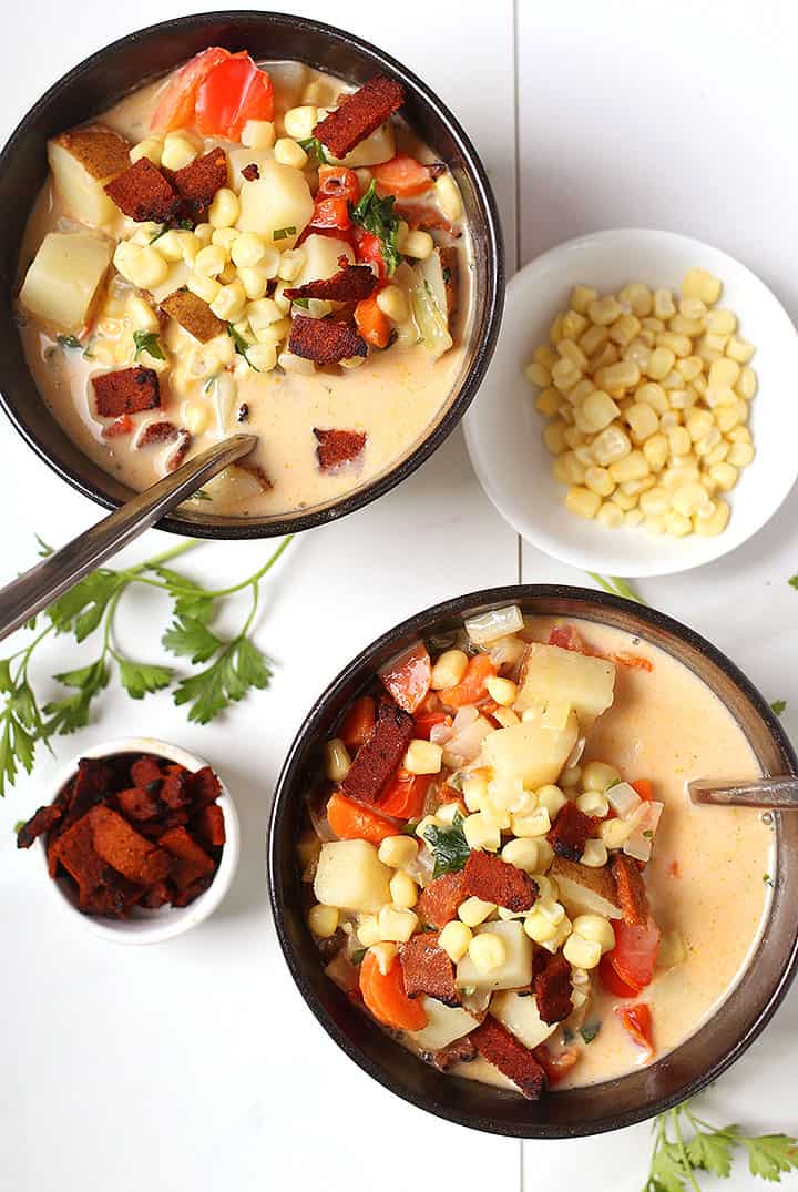 Two bowls of vegan corn chowder