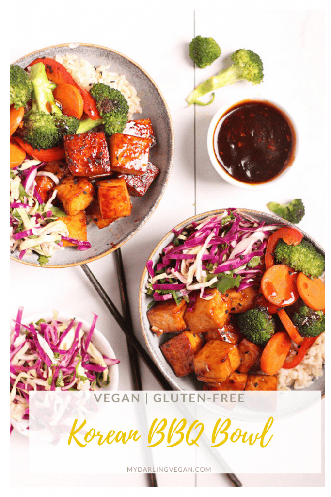 A delicious Korean BBQ bowl filled with cabbage slaw, spicy pan-fried tofu, and sautéed broccoli and carrots, this weeknight meal is hearty and delicious. Vegan and Gluten-free!