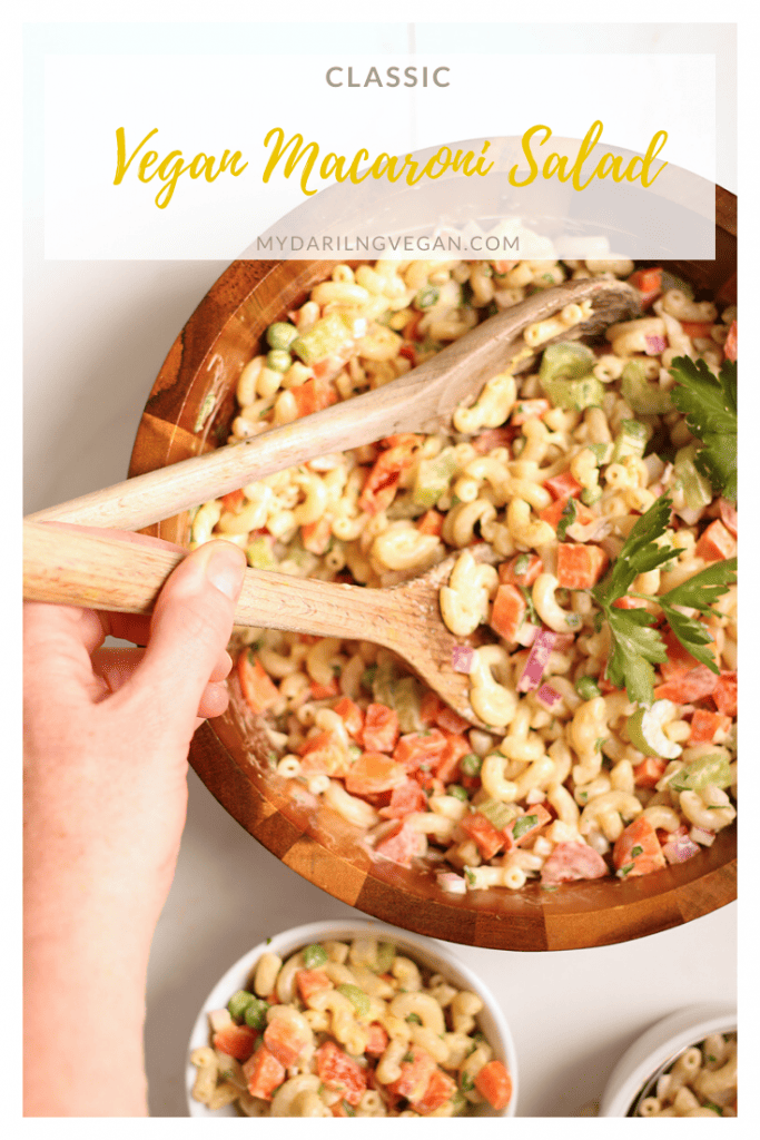 Enjoy this classic vegan macaroni salad just like you remember it! Made with elbow macaroni, filled with carrots, celery, bell pepper, and peas, then all tossed together in a garlicky cream sauce, it just like the original! Made in 20 minutes.