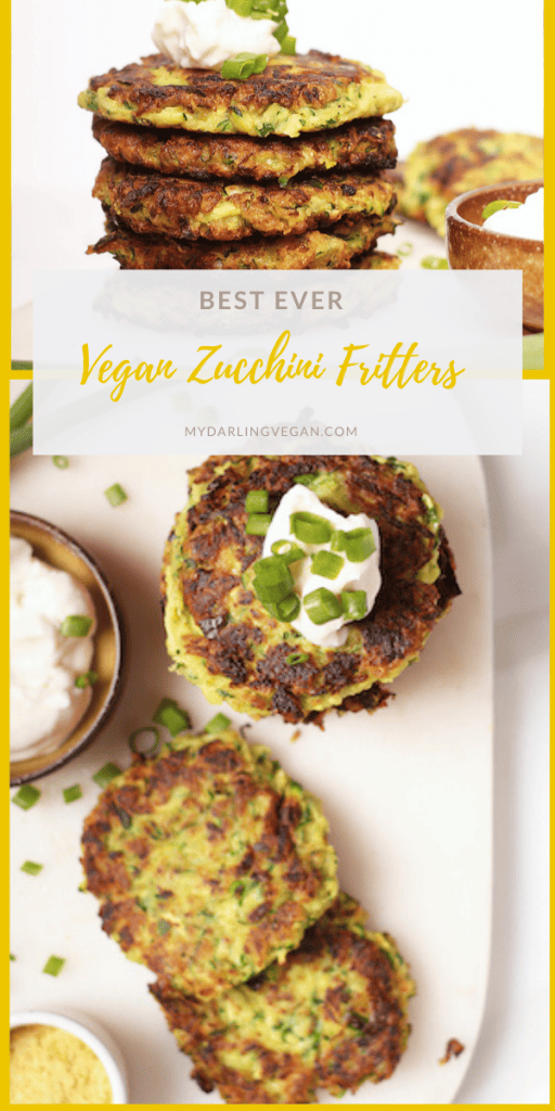 These warm and zesty vegan zucchini fritters!  Made in just 20 minutes, they make the perfect breakfast, lunch, or dinner. Top with vegan sour cream and fresh green onions for a simple and delicious meal. 