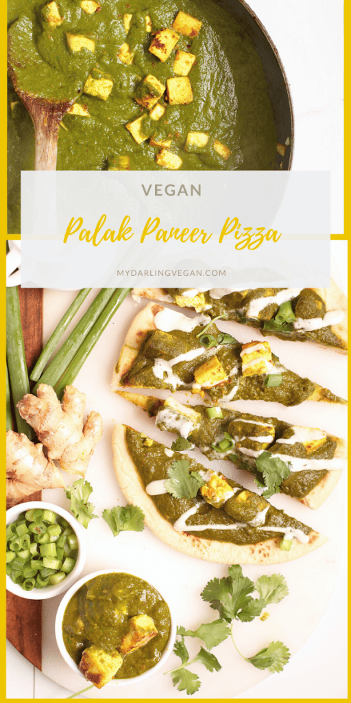 A culinary fusion! Made with curried tofu "cheese" and Indian-spiced spinach gravy, these individual vegan palak paneer pizzas are served over toasted naan for a quick and easy weeknight meal. 