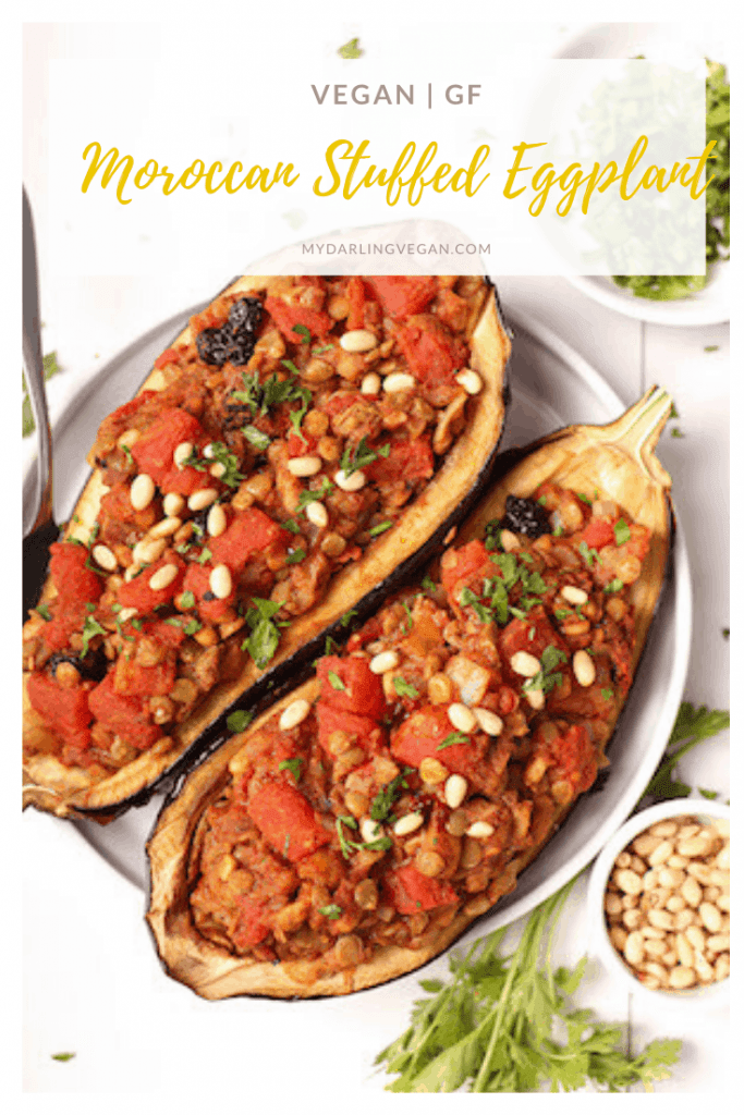 These Moroccan Stuffed Eggplant are bursting with flavor! Filled with lentils, tomatoes, and the perfect blend of spices, this is a vegan and gluten-free meal that elevates dinner to a whole new level.  