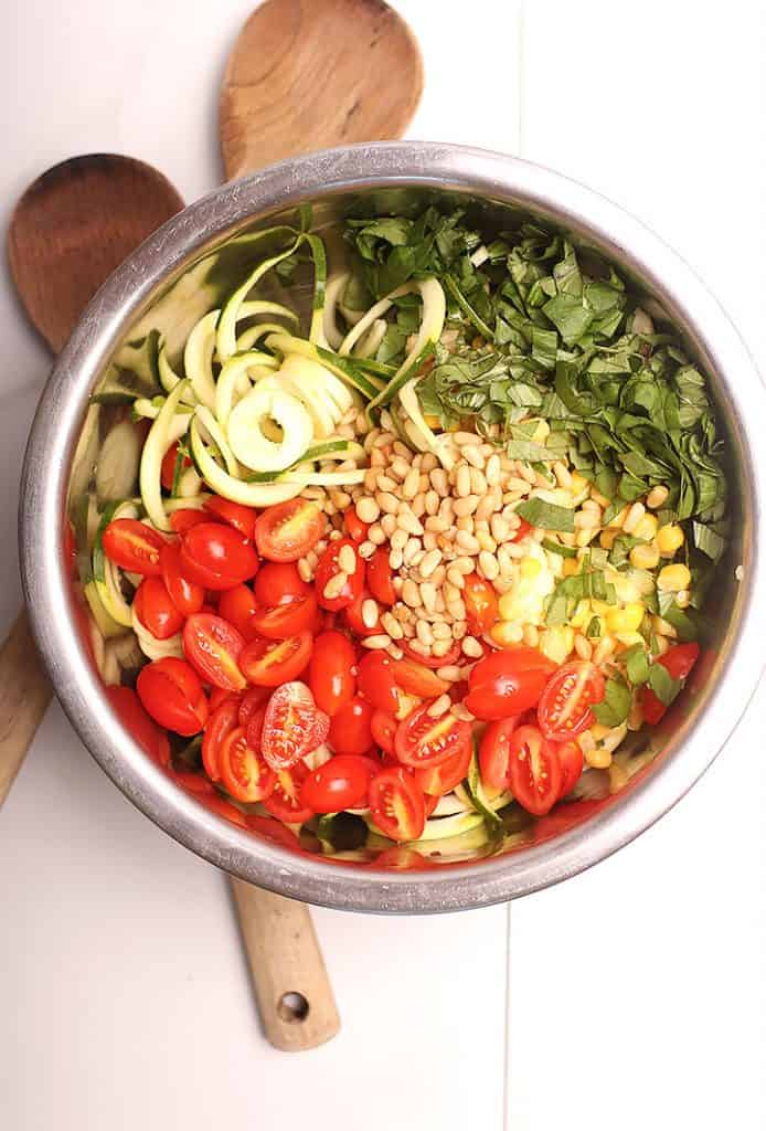 Summer salad in metal bowl