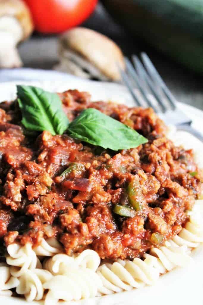 Vegan bolognese sauce served over pasta