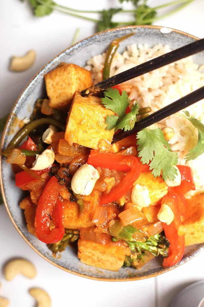 Coconut curry with tofu over rice