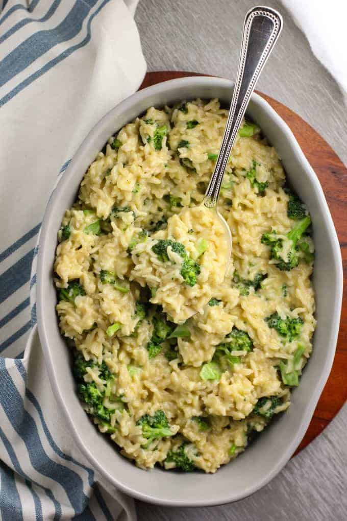 Cheesy Broccoli and Rice in a casserole Dish
