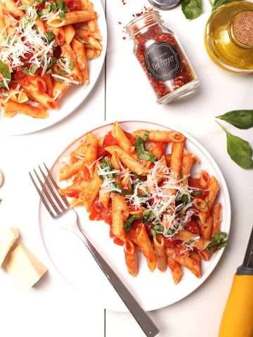 Pasta all'Arrabiata on white plate