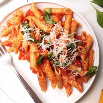 Pasta all'Arrabiata on a white plate