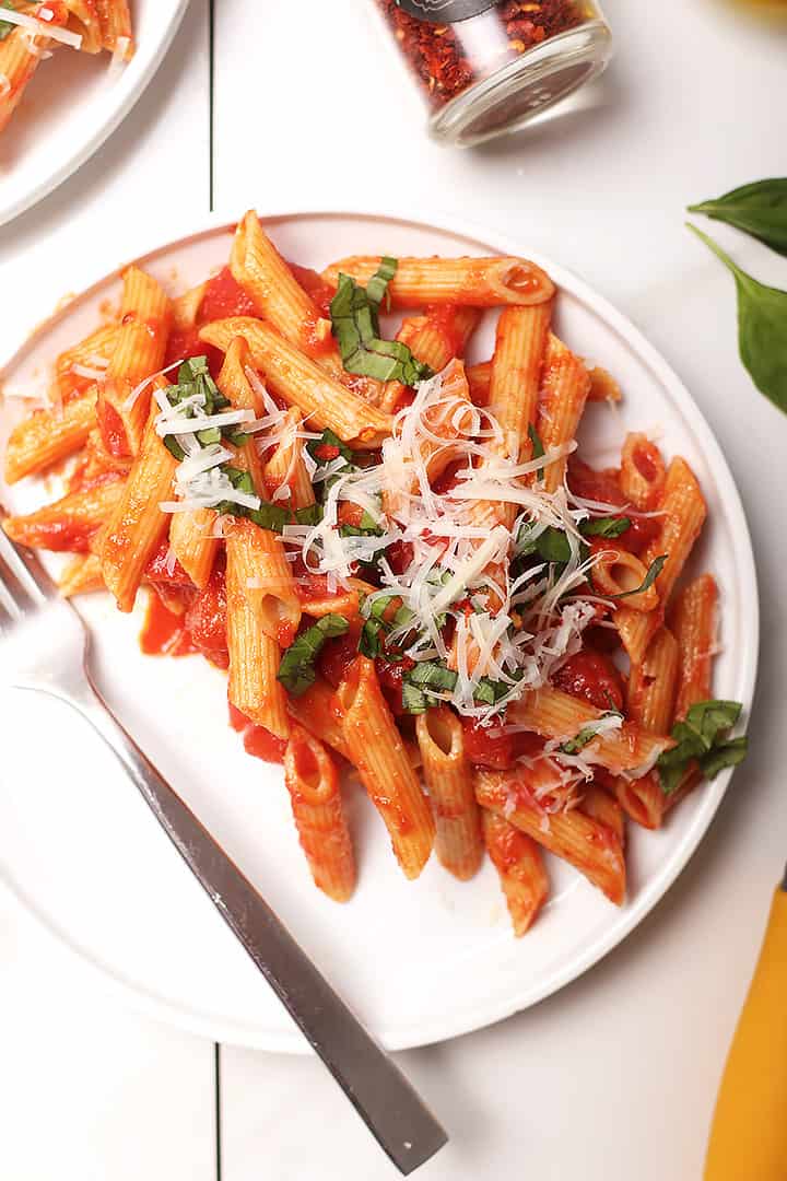 Pasta all'Arrabiata on a white plate