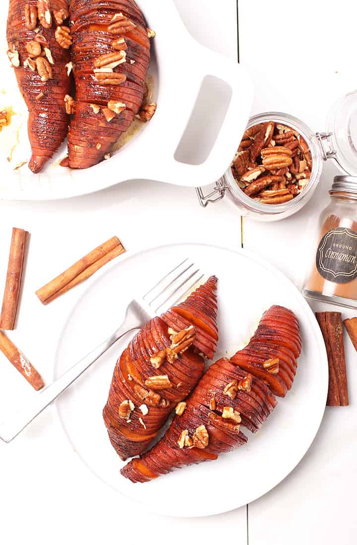 Hasselback Sweet Potatoes on white plate