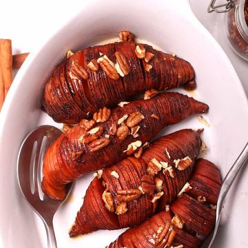 Sweet Potatoes with pecans in casserole dish