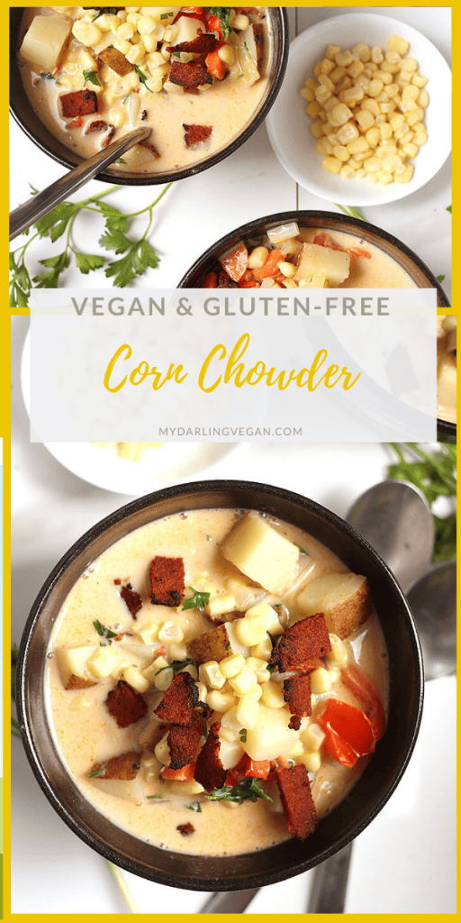 This vegan corn chowder is so rich and creamy, no one will believe it's non-dairy! Filled with late summer vegetables and fresh herbs for a warm and hearty soup to enjoy at the tail end of summer. Made in 30 minutes! 