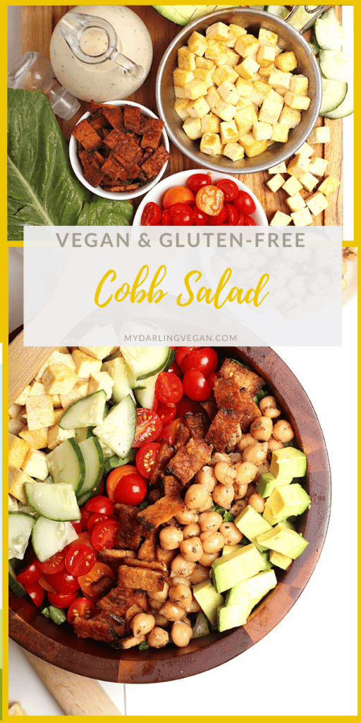 This Vegan Cobb Salad has it all! It is made with tempeh bacon, chicken-spiced chickpeas, eggy tofu, avocado, cucumber, and fresh tomatoes all served over a bed of fresh Romaine lettuce. Enjoy for a hearty lunch or light and refreshing dinner. 