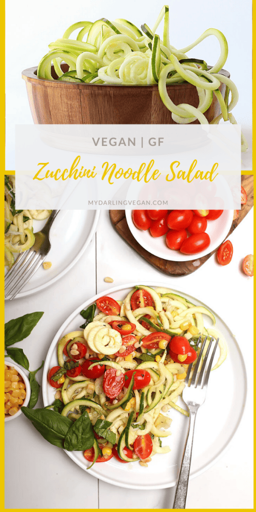 Light and refreshing, you’ve going to love this zucchini noodle salad. Made with fresh zucchini noodles, tomatoes, corn, basil, and pinenuts for the perfect light vegan and gluten-free summer meal.