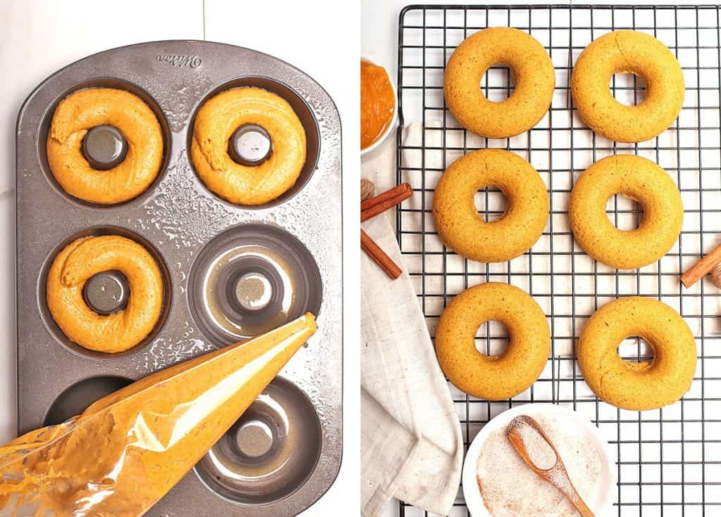 Donut batter piped into a donut pan