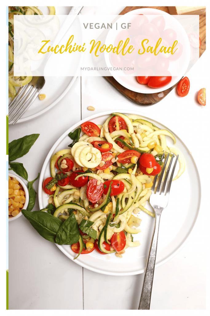 Light and refreshing, you’ve going to love this zucchini noodle salad. Made with fresh zucchini noodles, tomatoes, corn, basil, and pinenuts for the perfect light vegan and gluten-free summer meal.