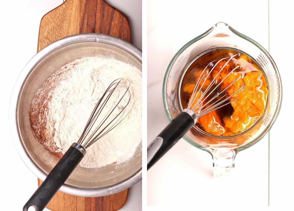 Flour in a metal bowl next to pumpkin and maple syrup in a liquid measuring cup