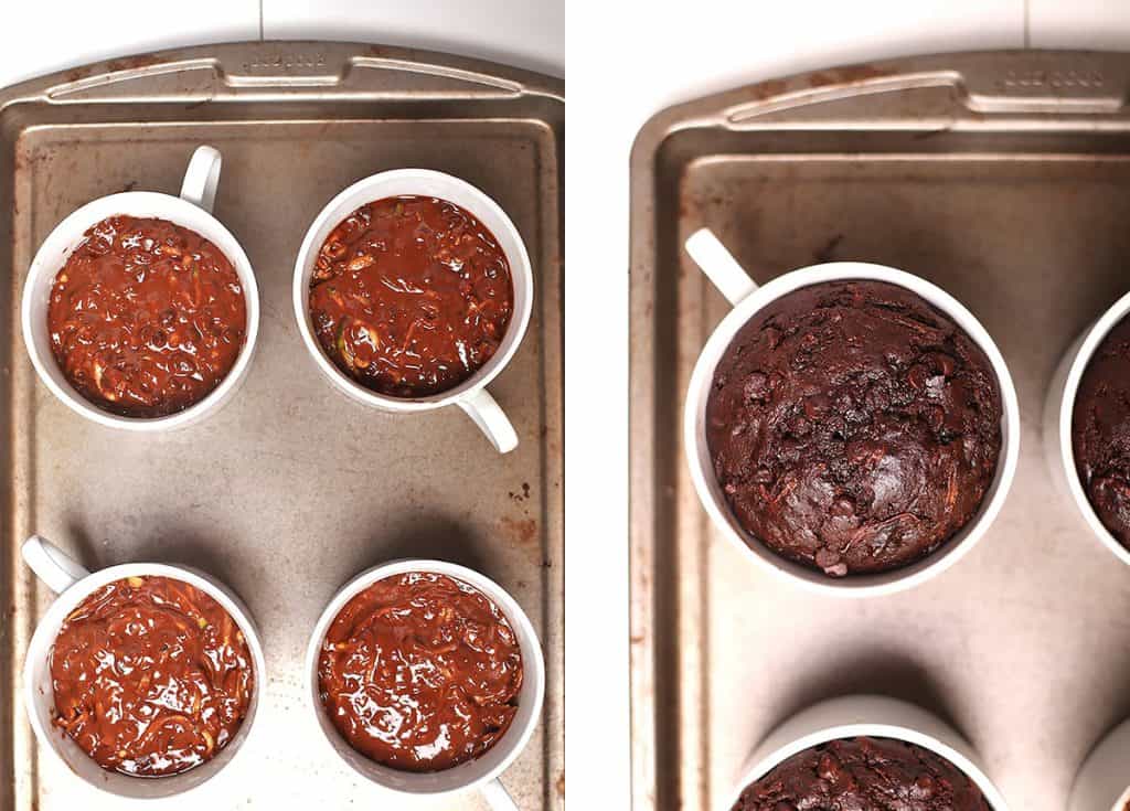 Chocolate mug cakes on a sheet pan