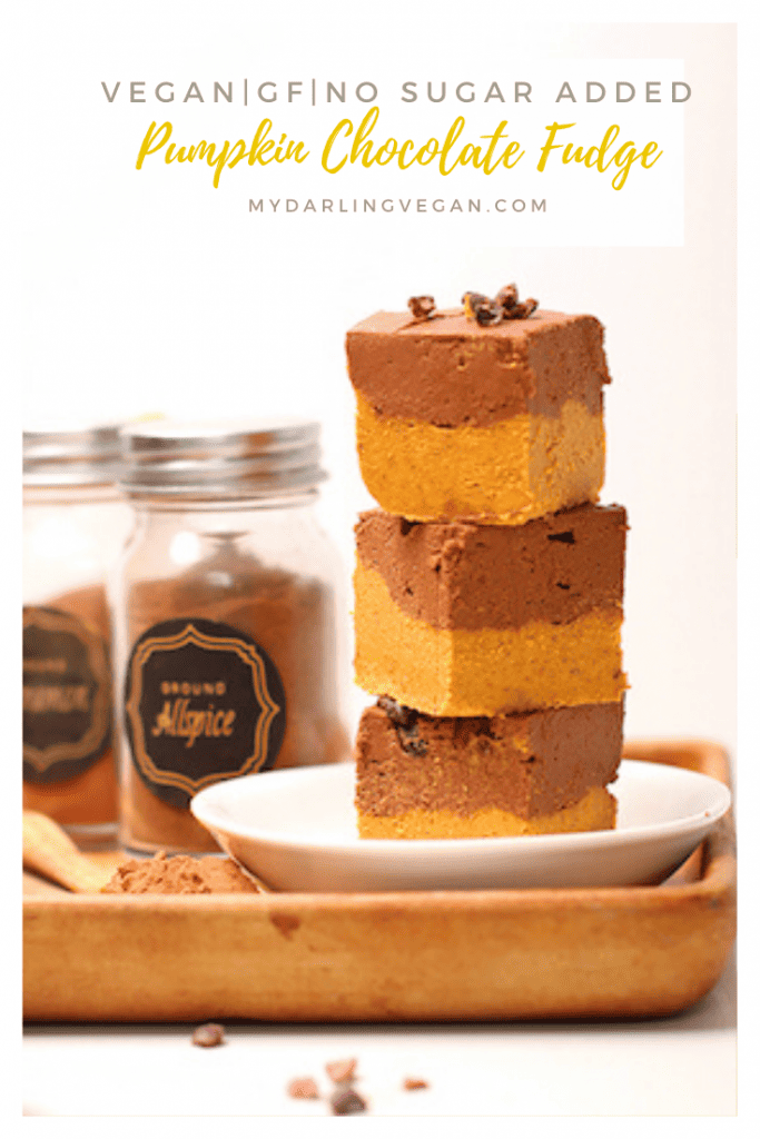 Delicious pumpkin fudge! A double layer of fudge made with whole food ingredients and sweetened only with dates for a festive vegan, gluten-free, and refined sugar-free treat. 