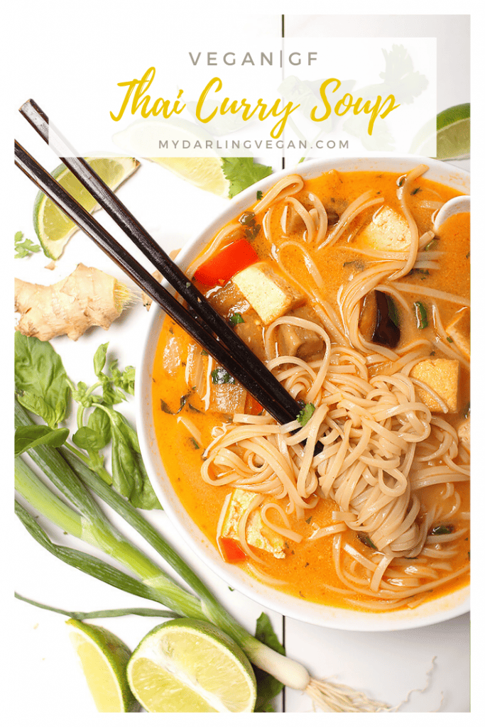 You’re going to love this rich and creamy Thai Noodle Soup with tofu and eggplant. A hearty and delicious Thai soup for the perfect vegan and gluten-free meal. Made in just 30 minutes! 