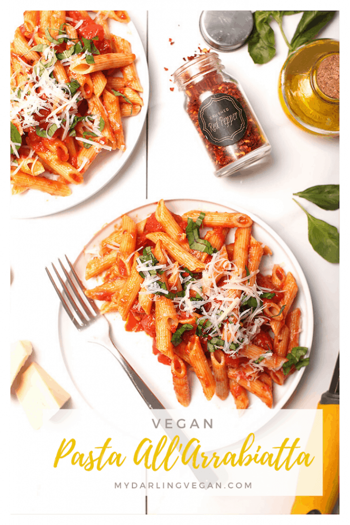 Enjoy the sweet and spicy flavors of this vegan Pasta all'Arrabiata with roasted garlic, diced tomatoes, and red pepper flakes. Topped with fresh basil and vegan parmesan cheese, this classic pasta dish is the perfect 30-minute weeknight meal.