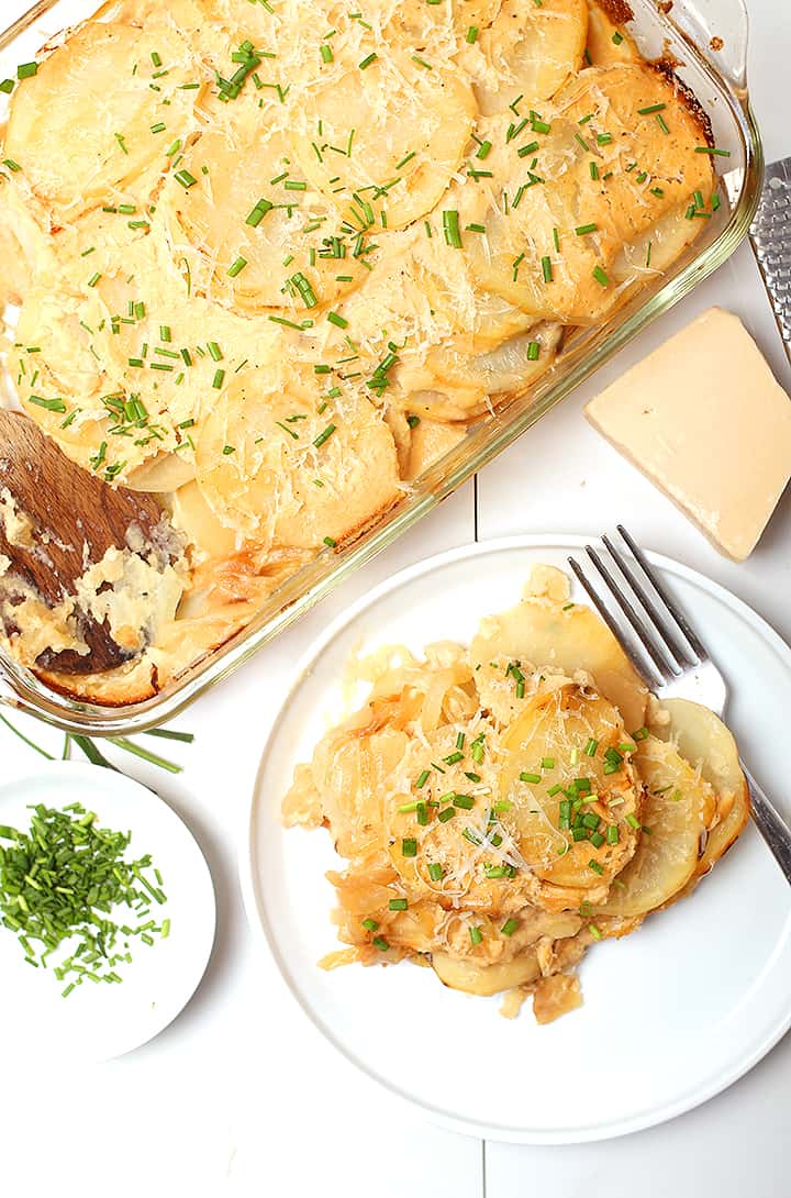 Vegan Scalloped Potatoes in casserole dish