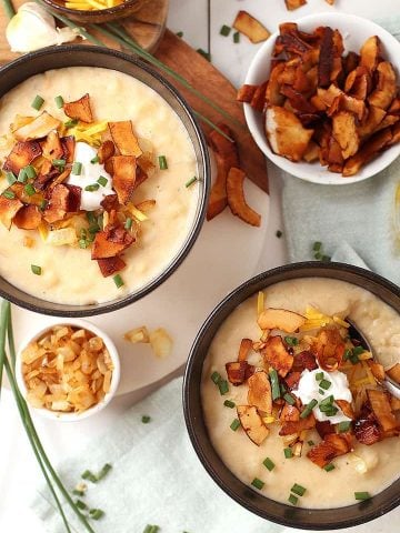 Two bowls of vegan potato soup