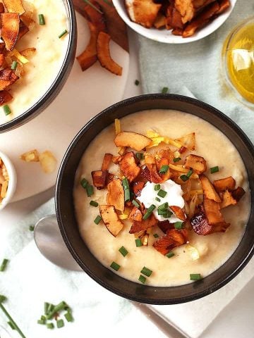 Vegan potato soup with coconut bacon