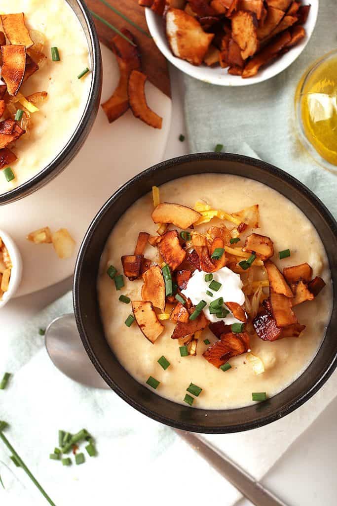 Vegan potato soup with coconut bacon