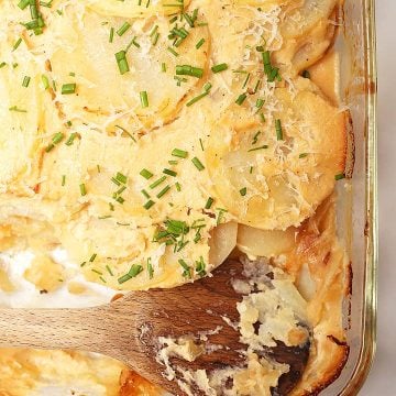 Vegan Scalloped Potatoes in casserole dish