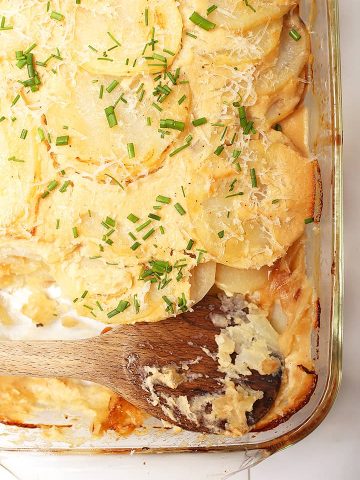 Vegan Scalloped Potatoes in casserole dish