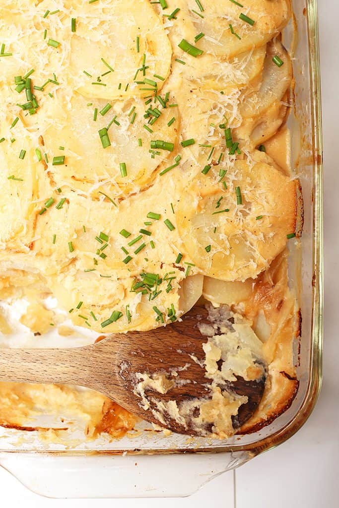 Vegan Scalloped Potatoes in casserole dish