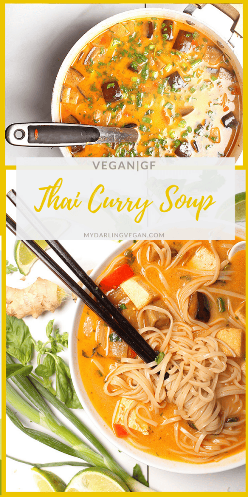 You’re going to love this rich and creamy Thai Noodle Soup with tofu and eggplant. A hearty and delicious Thai soup for the perfect vegan and gluten-free meal. Made in just 30 minutes! 