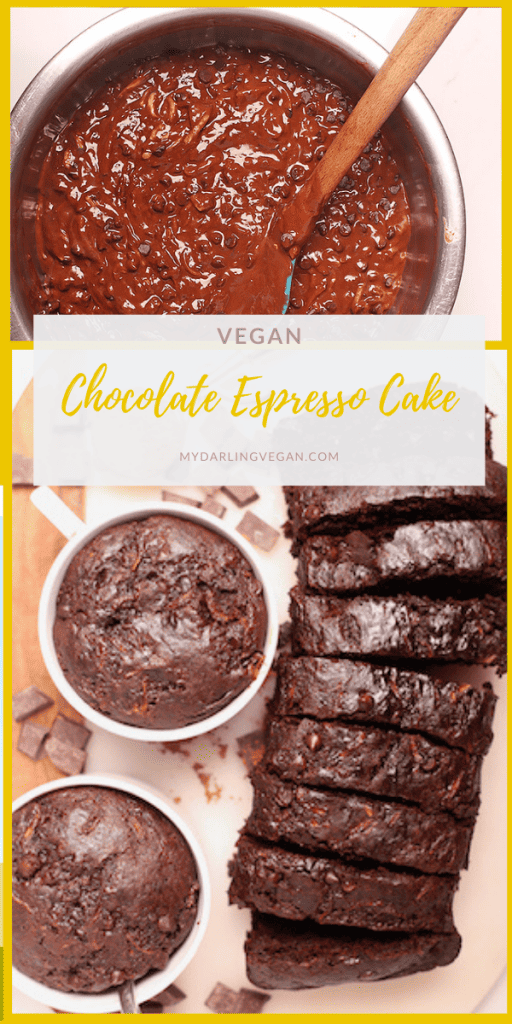 Moist and chocolatey, this vegan chocolate espresso cake is bursting with flavor! Either as individual cakes or as a loaf, this recipe can be made in under an hour for a delicious sweet treat. 