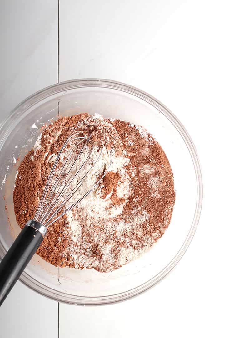 Flour and cocoa powder in a bowl