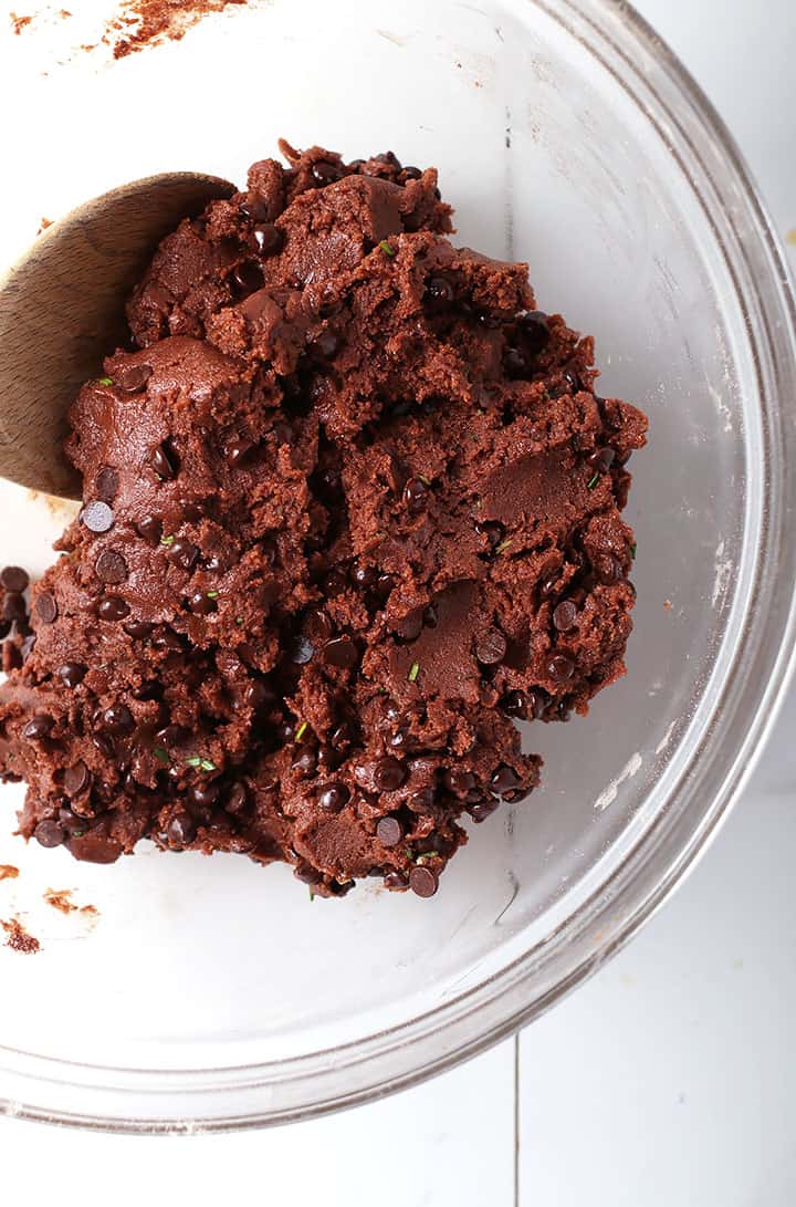 Chocolate cookie dough in glass bowl