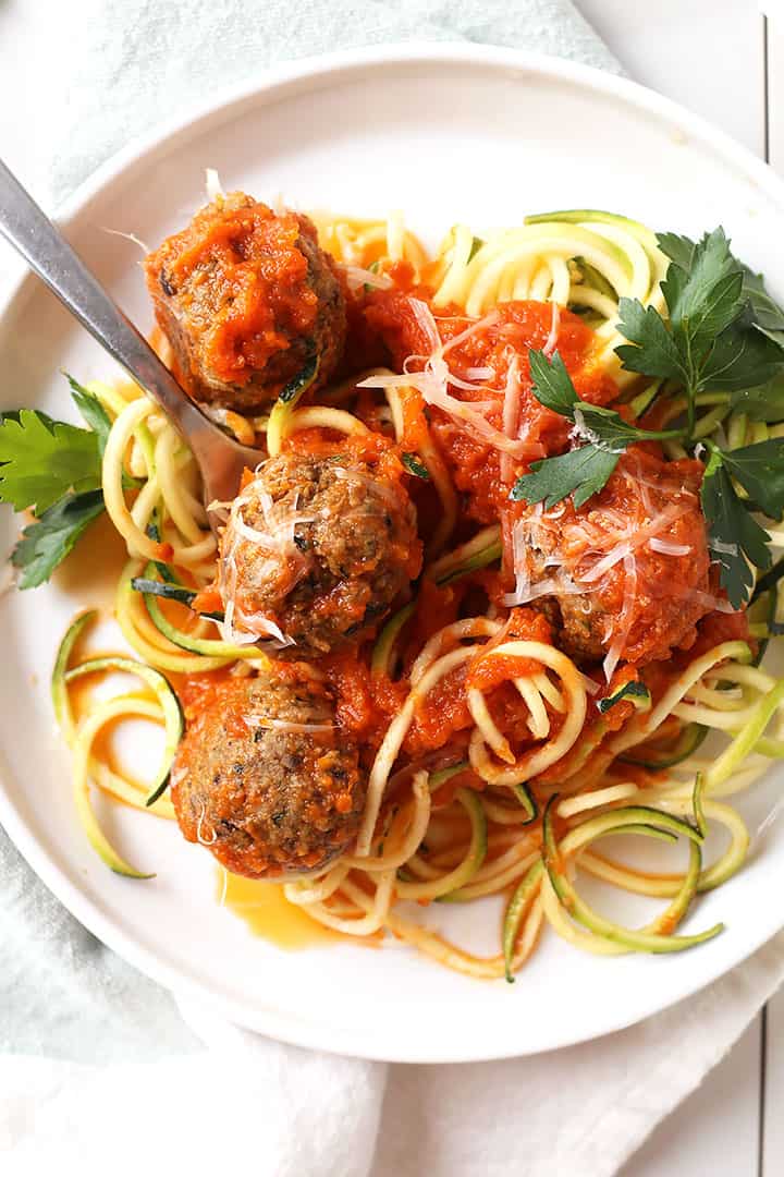 Eggplant meatballs with marinara and zucchini noodles