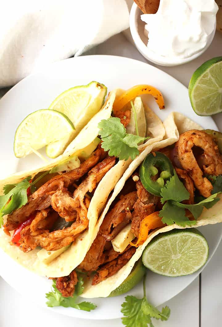 Vegan Chicken Fajitas on white plate