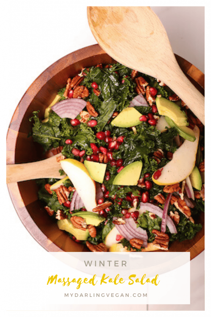 You're going to love this delicious massaged kale salad. Topped with pecans, pears, and pomegranates and tossed with orange poppy seed dressing, it's a delicious and festive winter salad.