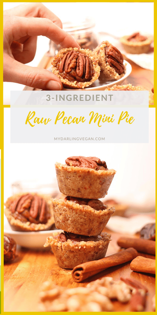 Raw Pecan Pie Tartlets made with just three ingredients! That's right, this decadent dessert is made from walnuts, dates, and pecans alone for a vegan, gluten-free, refined sugar-free, and wholesome holiday dessert.