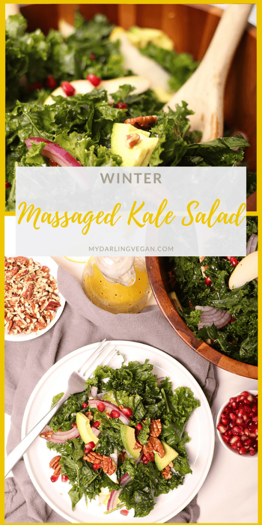 You're going to love this delicious massaged kale salad. Topped with pecans, pears, and pomegranates and tossed with orange poppy seed dressing, it's a delicious and festive winter salad.