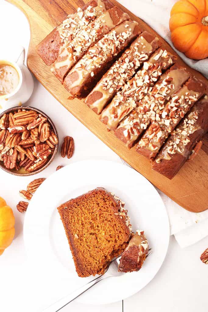 Slice of vegan pumpkin bread on white plate