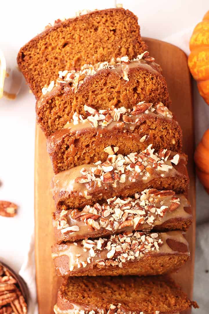 Vegan pumpkin bread cut into slices