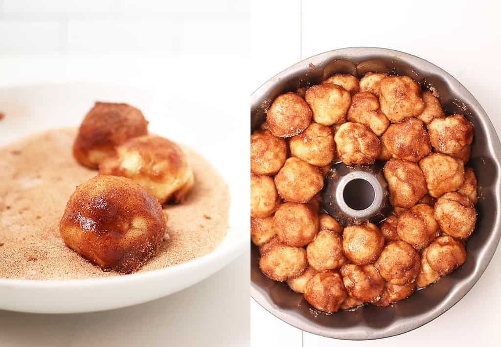 Enriched dough rolled into balls and placed in a bundt cake pan