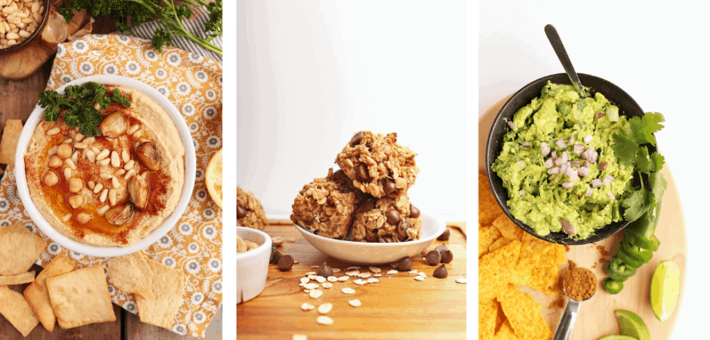 Hummus, cookies, and guacamole on a white background