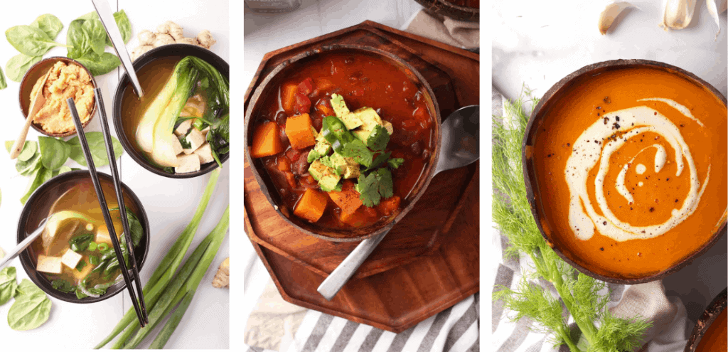 3 Bowls of vegan soup