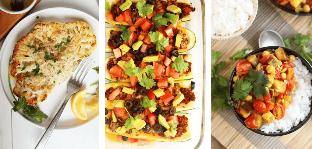 Cauliflower steak, stuffed zucchini boats, and eggplant curry